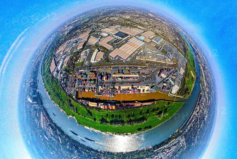 Aerial view, duisport harbour, logport I Rheinhausen, logport 1, container harbour, Duisburg harbour D3T Duisburg Trimodal Terminal, automobile logistics, globe, fisheye image, 360 degree image, tiny world, little planet, fisheye image, Hüttenheim, Duisburg, Ruhr area, North Rhine-Westphalia, Germany