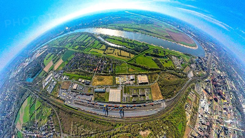 Aerial view, duisport harbour, logport III Hohenbudberg, logport 3, container terminal, earth globe, fisheye image, 360 degree image, tiny world, little planet, fisheye image, Friemersheim, Duisburg, Ruhr area, North Rhine-Westphalia, Germany