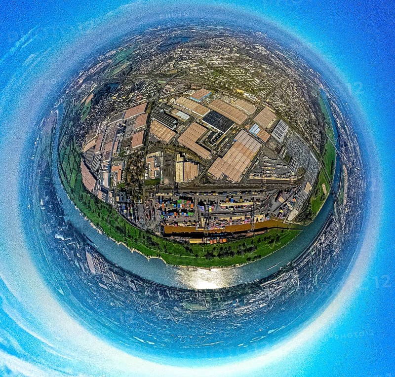 Aerial view, duisport harbour, logport I Rheinhausen, logport 1, container harbour, Duisburg harbour D3T Duisburg Trimodal Terminal, automobile logistics, globe, fisheye image, 360 degree image, tiny world, little planet, fisheye image, Hüttenheim, Duisburg, Ruhr area, North Rhine-Westphalia, Germany