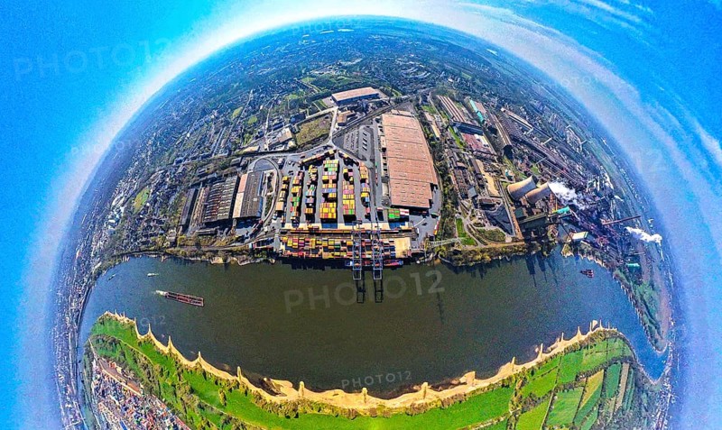 Aerial view, duisport harbour, logport II Wanheim, logport 2, container terminal on the river Rhine with container ship, globe, fisheye image, 360 degree image, tiny world, little planet, fisheye image, Wanheim-Angerhausen, Duisburg, Ruhr area, North Rhine-Westphalia, Germany