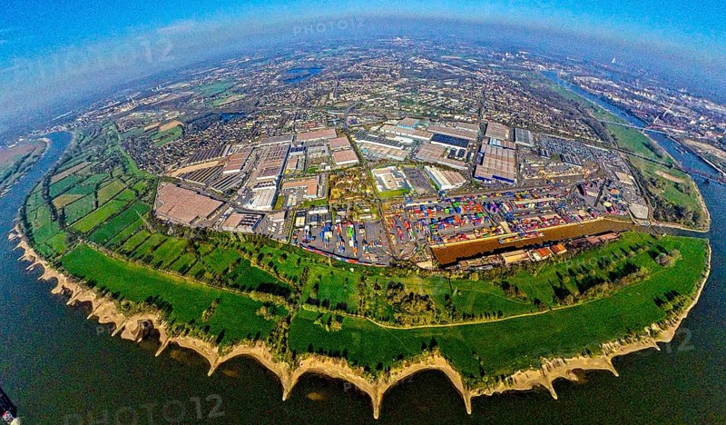 Aerial view, duisport harbour, logport I Rheinhausen, logport 1, container harbour, Duisburg harbour D3T Duisburg Trimodal Terminal, automobile logistics, globe, fisheye image, 360 degree image, tiny world, little planet, fisheye image, Hüttenheim, Duisburg, Ruhr area, North Rhine-Westphalia, Germany