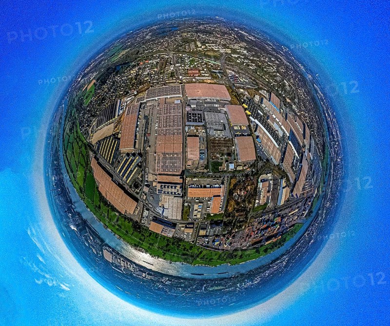 Aerial view, duisport harbour, logport I Rheinhausen, logport 1, container harbour, Duisburg harbour D3T Duisburg Trimodal Terminal, automobile logistics, globe, fisheye image, 360 degree image, tiny world, little planet, fisheye image, Hüttenheim, Duisburg, Ruhr area, North Rhine-Westphalia, Germany
