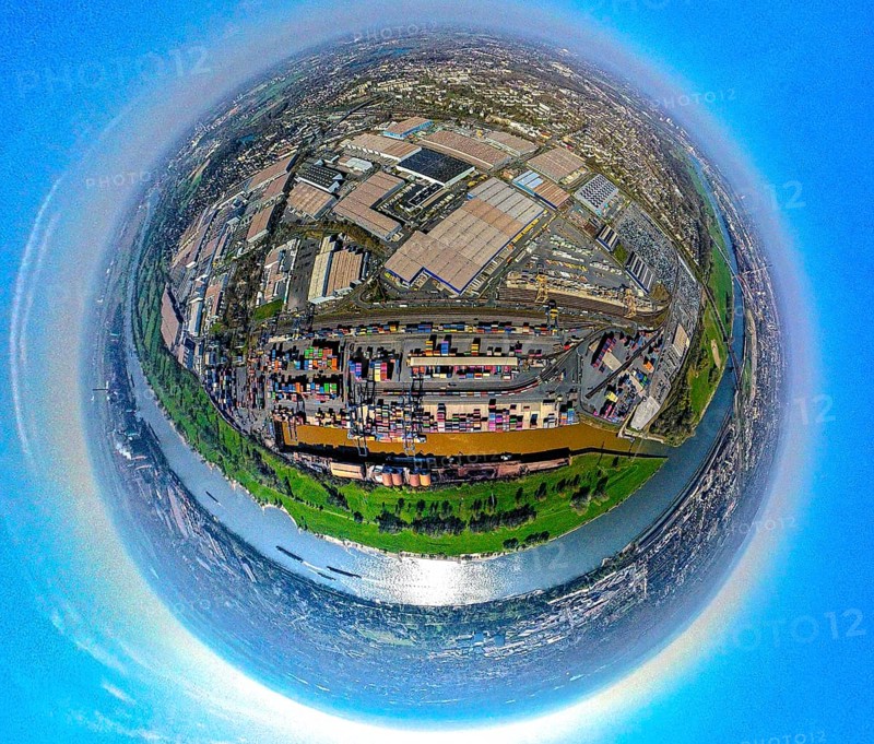 Aerial view, duisport harbour, logport I Rheinhausen, logport 1, container harbour, Duisburg harbour D3T Duisburg Trimodal Terminal, automobile logistics, globe, fisheye image, 360 degree image, tiny world, little planet, fisheye image, Hüttenheim, Duisburg, Ruhr area, North Rhine-Westphalia, Germany