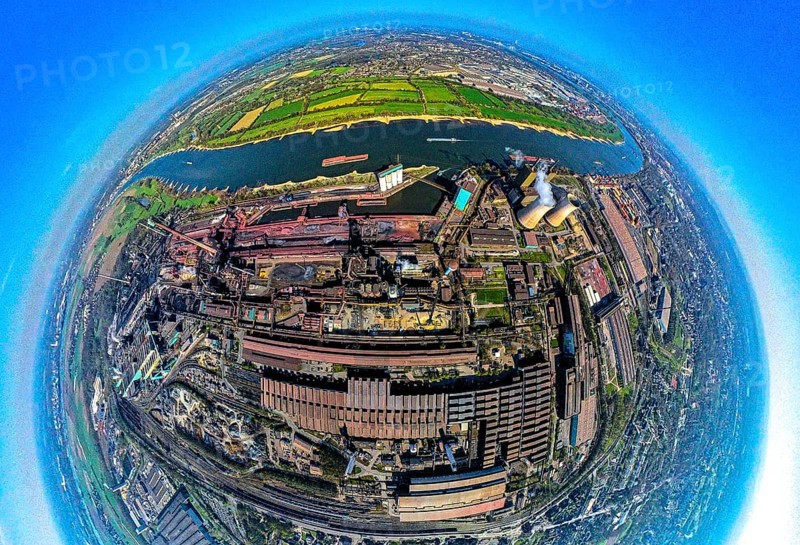 Aerial view, Hüttenwerke Krupp Mannesmann HKM on the river Rhine, coking plant and cooling towers with smoke clouds, earth globe, fisheye image, 360 degree image, tiny world, little planet, fisheye image, Hüttenheim, Duisburg, Ruhr area, North Rhine-Westphalia, Germany