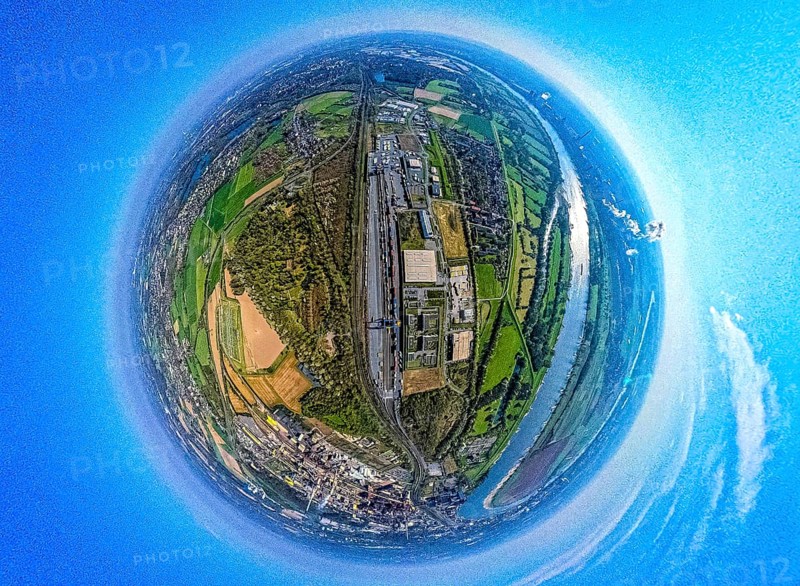 Aerial view, duisport harbour, logport III Hohenbudberg, logport 3, container terminal, earth globe, fisheye image, 360 degree image, tiny world, little planet, fisheye image, Friemersheim, Duisburg, Ruhr area, North Rhine-Westphalia, Germany