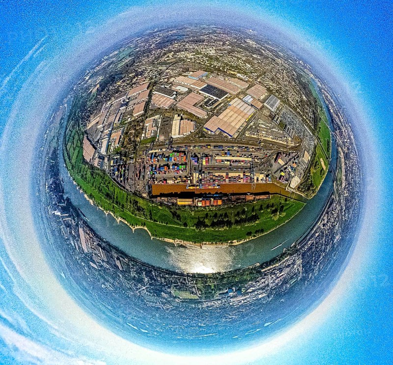 Aerial view, duisport harbour, logport I Rheinhausen, logport 1, container harbour, Duisburg harbour D3T Duisburg Trimodal Terminal, automobile logistics, globe, fisheye image, 360 degree image, tiny world, little planet, fisheye image, Hüttenheim, Duisburg, Ruhr area, North Rhine-Westphalia, Germany