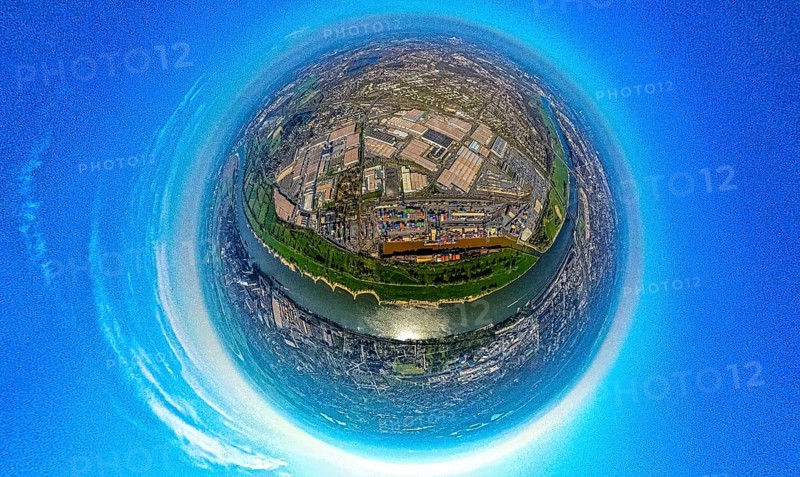 Aerial view, duisport harbour, logport I Rheinhausen, logport 1, container harbour, Duisburg harbour D3T Duisburg Trimodal Terminal, automobile logistics, globe, fisheye image, 360 degree image, tiny world, little planet, fisheye image, Hüttenheim, Duisburg, Ruhr area, North Rhine-Westphalia, Germany