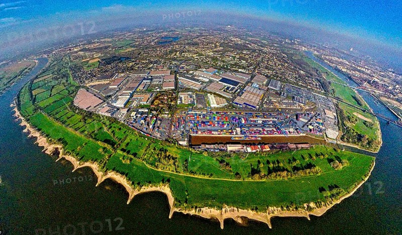 Aerial view, duisport harbour, logport I Rheinhausen, logport 1, container harbour, Duisburg harbour D3T Duisburg Trimodal Terminal, automobile logistics, globe, fisheye image, 360 degree image, tiny world, little planet, fisheye image, Hüttenheim, Duisburg, Ruhr area, North Rhine-Westphalia, Germany