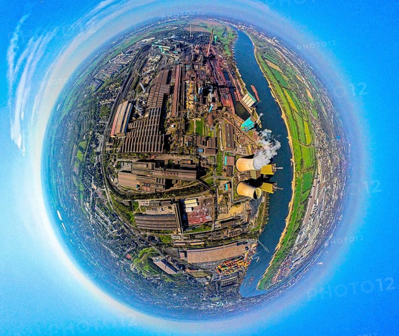 Aerial view, Hüttenwerke Krupp Mannesmann HKM on the river Rhine, coking plant and cooling towers with smoke clouds, earth globe, fisheye image, 360 degree image, tiny world, little planet, fisheye image, Hüttenheim, Duisburg, Ruhr area, North Rhine-Westphalia, Germany