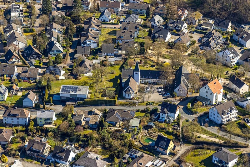 Aerial view, district Holthausen village centre with Evang-Luth. Gnadenkirche, Hohenlimburg, Hagen, Ruhr area, North Rhine-Westphalia, Germany