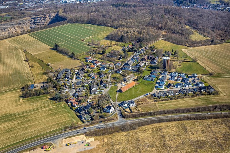 Aerial view, residential area, view of Haßley district with water tower, residential area at the edge of the forest and construction site in the town centre, Emst, Hagen, Ruhr area, North Rhine-Westphalia, Germany