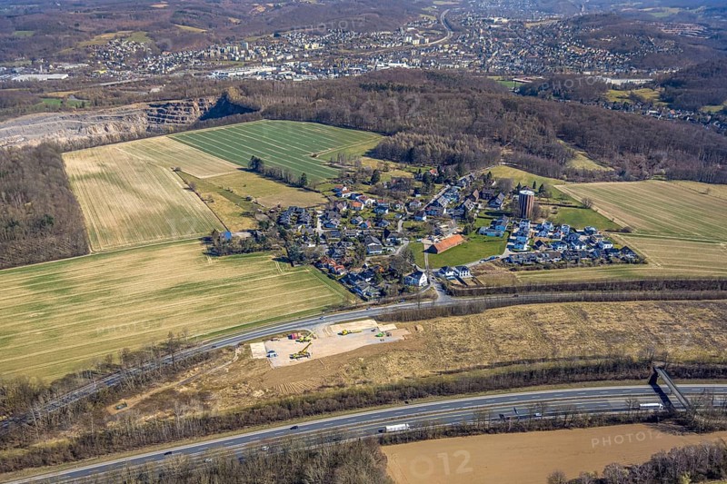 Aerial view, residential area, view of Haßley district with water tower, residential area at the edge of the forest, building area on Haßleyer Straße, Emst, Hagen, Ruhr area, North Rhine-Westphalia, Germany