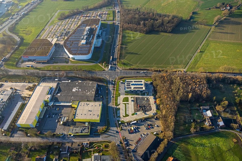 Aerial view, Höffner furniture store Unnaer Straße on the A2 motorway, construction area with new Mensing Galerie building on the corner of Werler Straße and Unnaer Straße, Rulko SB wholesale store, Rhynern district, Hamm, Ruhr area, North Rhine-Westphalia, Germany