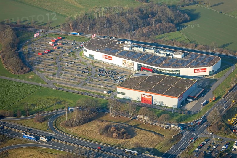 Aerial view, Höffner furniture store Unnaer Straße on the A2 motorway, Rhynern district, Hamm, Ruhr area, North Rhine-Westphalia, Germany