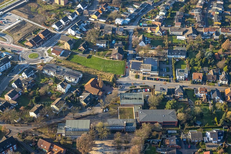 Aerial view, planned local transport connection with stop in Westtünnen, construction site at Südfeldweg and Von-Thünen-Straße for the future railway stop, railway line with railway bridge and housing estate with roundabout, Rhynern district, Hamm, Ruhr area, North Rhine-Westphalia, Germany