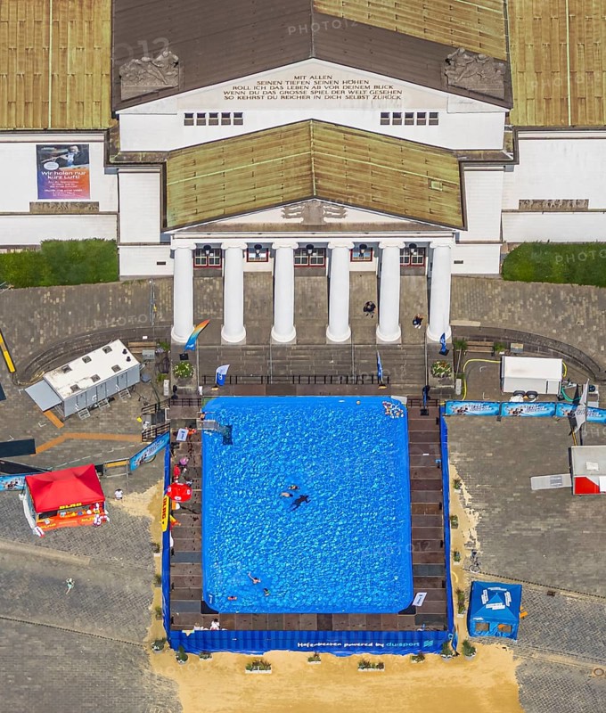 Aerial view, swimming pool in front of the municipal theatre, old town, Duisburg, Ruhr area, North Rhine-Westphalia, Germany