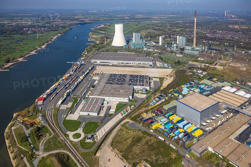 Aerial view, Duisburg-Nord, duisport logport VI Walsum, logport 6, STEAG Walsum power plant on the Rhine, Alt-Walsum, Duisburg, Ruhr area, North Rhine-Westphalia, Germany