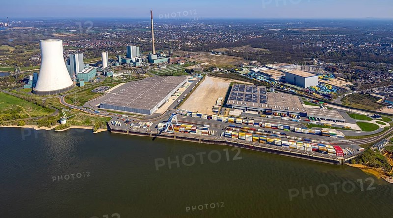 Aerial view, Duisburg-Nord, duisport logport VI Walsum, logport 6, STEAG Walsum power station on the Rhine, Duisburg, Ruhr area, North Rhine-Westphalia, Germany