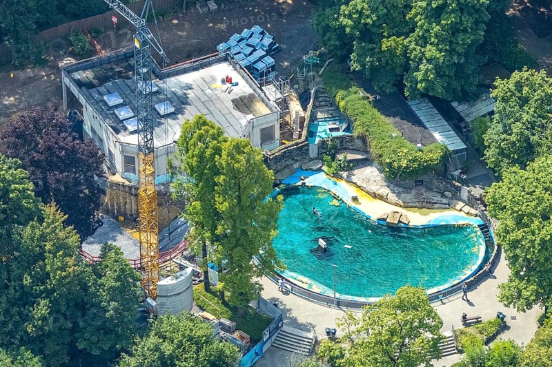 Aerial view, Duisburg Zoo, sea lion enclosure and construction site with modernisation and extension, construction crane, playground, Duissern, Duisburg, Ruhr area, North Rhine-Westphalia, Germany