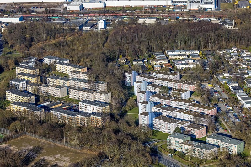 Aerial view, apartment blocks terraced houses on Pappelstraße, Boele, Hagen, Ruhr area, North Rhine-Westphalia, Germany