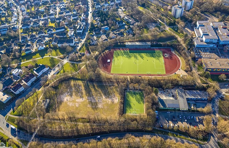 Aerial view, sports facility sports field SV Boele-Kabel 1882 e.V., football stadium, day care centre Am Bügel, Boele, Hagen, Ruhr area, North Rhine-Westphalia, Germany