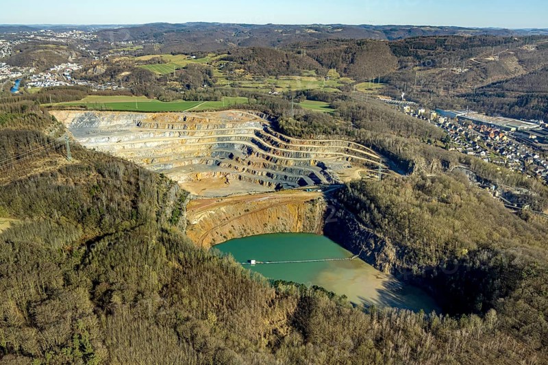 Aerial view, Steltenberg quarry with geological trail and lake, Hohenlimburg, Hagen, Ruhr area, North Rhine-Westphalia, Germany