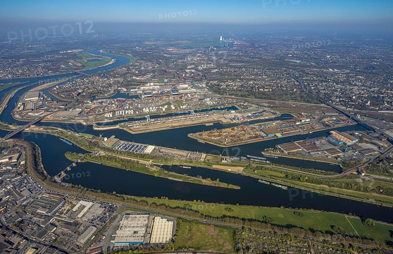 Aerial view, duisport port of Duisburg, port area, oil island, coal island, container terminal and scrap island, raw material island, Pontwert island, A59 motorway and view of Duisburg, Ruhrort, view of Duisburg, Ruhr area, North Rhine-Westphalia, Germany
