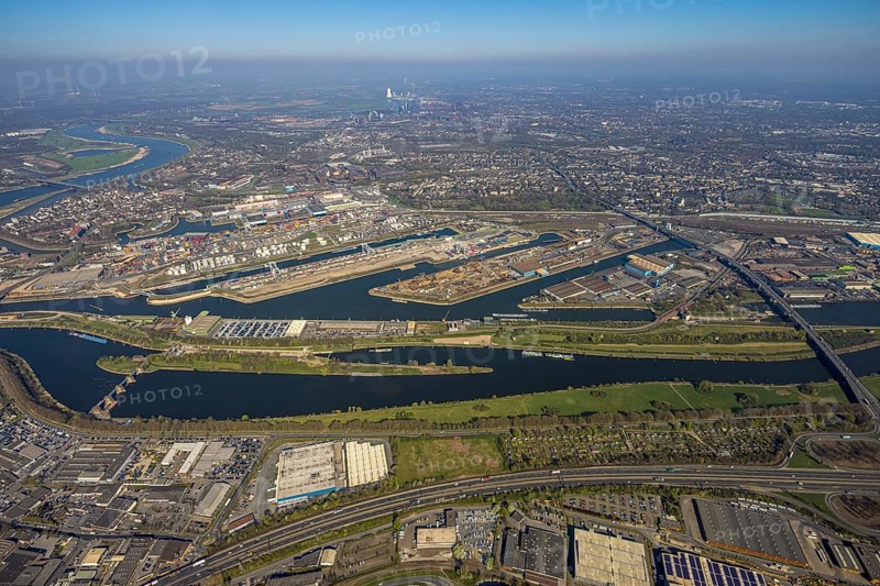 Aerial view, duisport port of Duisburg, port area, oil island, coal island, container terminal and scrap island, raw material island, Pontwert island, A59 motorway and view of Duisburg, Ruhrort, view of Duisburg, Ruhr area, North Rhine-Westphalia, Germany
