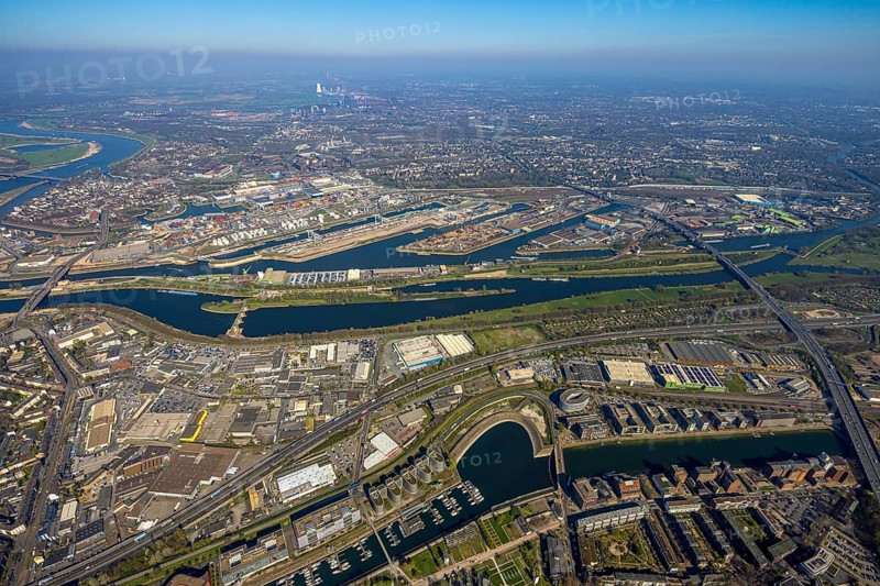 Aerial view, duisport port of Duisburg, port area, oil island, coal island, container terminal and scrap island, raw material island, Pontwert island, A59 motorway and view of Duisburg, inner harbour with timber port, Ruhrort, view of Duisburg, Ruhr area, North Rhine-Westphalia, Germany