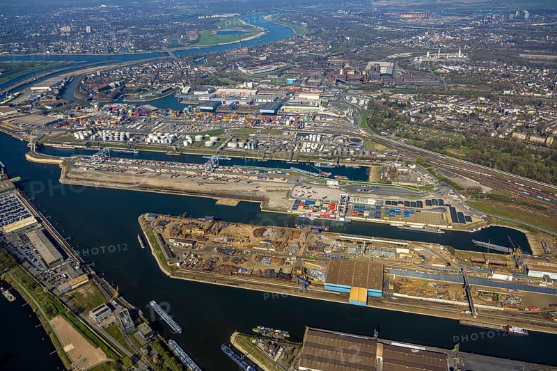 Aerial view, duisport port of Duisburg, port area, oil island, coal island, container terminal and scrap island, raw material island, Pontwert island, A59 motorway and view of Duisburg, Ruhrort, view of Duisburg, Ruhr area, North Rhine-Westphalia, Germany