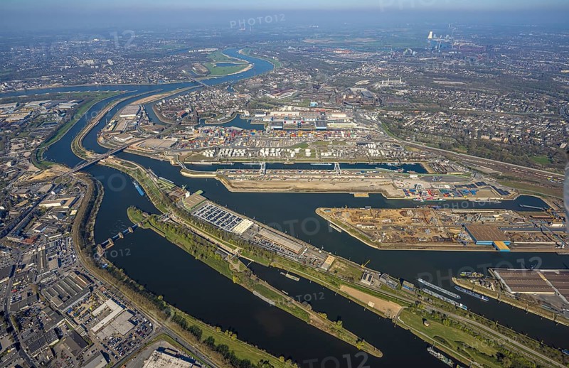 Aerial view, duisport harbour Duisburg, harbour area, oil island, coal island, container terminal and scrap island, raw material island, Pontwert island, view of Duisburg, Ruhrort, view of Duisburg, Ruhr area, North Rhine-Westphalia, Germany