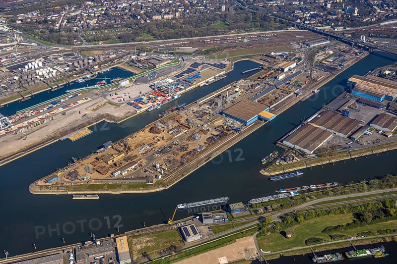 Aerial view, duisport harbour Duisburg, harbour area, coal island container terminal and scrap island raw material island, behind goods station, Ruhrort, Duisburg, Ruhr area, North Rhine-Westphalia, Germany