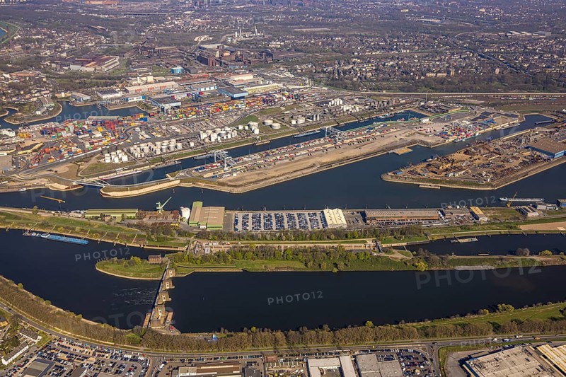 Aerial view, duisport Port of Duisburg, port area, oil island, coal island, container terminal and scrap island, raw material island, Pontwert Island, A59 motorway, Ruhrort, view of Duisburg, Ruhr area, North Rhine-Westphalia, Germany