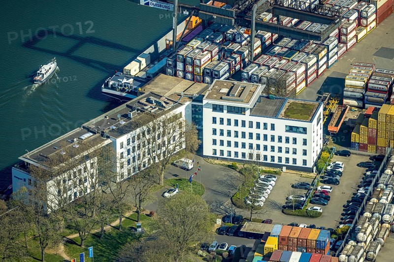 Aerial view, container harbour, duisport Duisburger Hafen AG headquarters, Ruhrort, Duisburg, Ruhr area, North Rhine-Westphalia, Germany