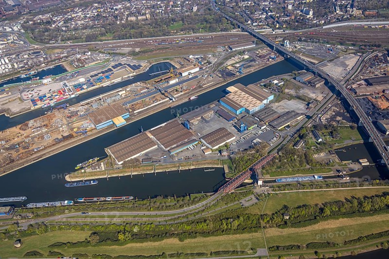 Aerial view, duisport Port of Duisburg, port area, coal island container terminal and scrap island raw material island, freight station behind, motorway A59, railway bridge, Ruhrort, Duisburg, Ruhr area, North Rhine-Westphalia, Germany
