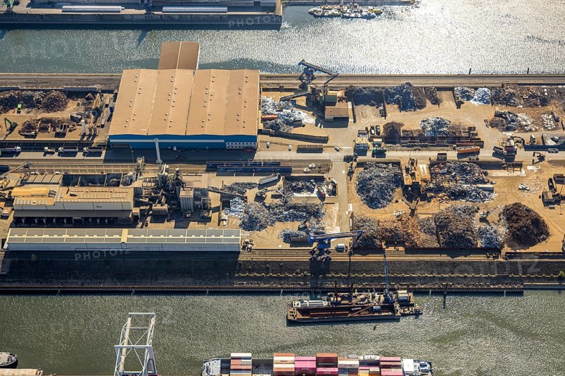 Aerial view, duisport harbour Duisburg, harbour area, scrap island raw material island, Ruhrort, Duisburg, Ruhr area, North Rhine-Westphalia, Germany
