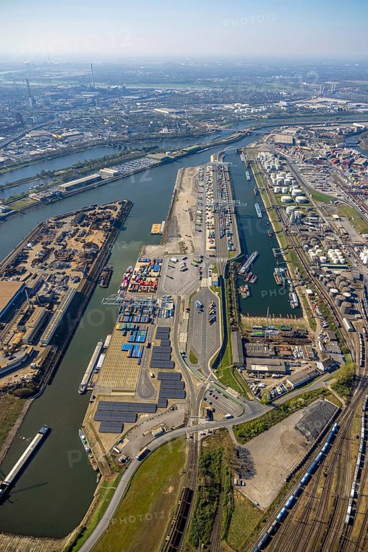 Aerial view, duisport Port of Duisburg, harbour area, oil island, coal island container terminal and scrap island raw material island, Ruhrort, Duisburg, Ruhr area, North Rhine-Westphalia, Germany