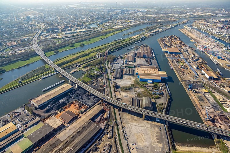 Aerial view, duisport Port of Duisburg, port area, A59 motorway and Duisburg interchange, Berlin Bridge over the Ruhr River and Rhine-Herne Canal, Ruhrort, Duisburg, Ruhr area, North Rhine-Westphalia, Germany