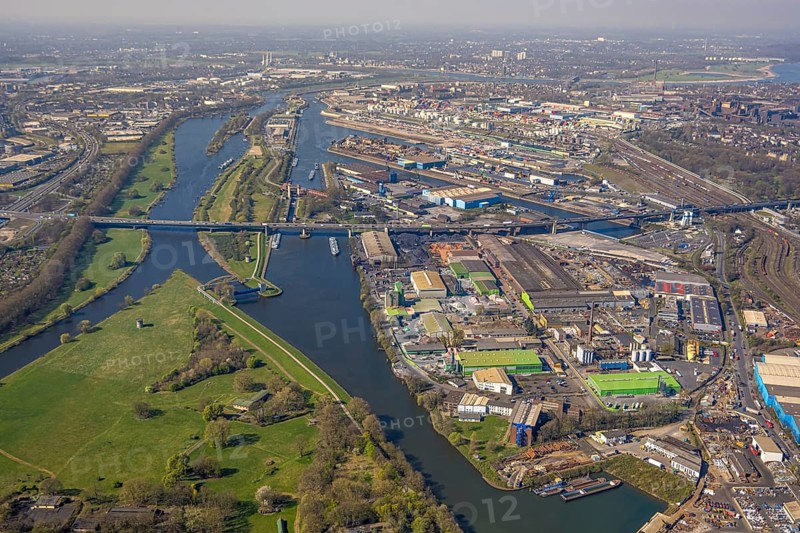 Aerial view, duisport Port of Duisburg, port area, A59 motorway with Berlin Bridge over the Ruhr river and Rhine-Herne Canal, goods station, Ruhrort, Duisburg, Ruhr area, North Rhine-Westphalia, Germany