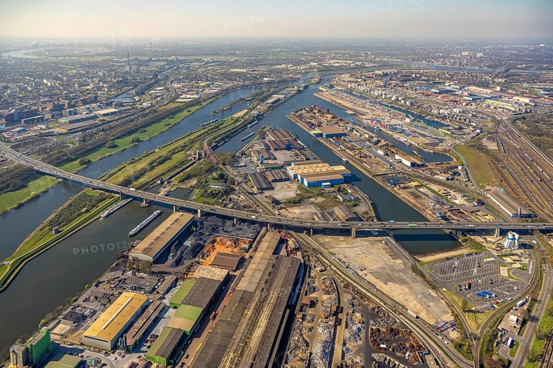 Aerial view, duisport port Duisburg, port area, motorway A59 with Berlin bridge over the river Ruhr and Rhine-Herne canal, Ruhrort, Duisburg, Ruhr area, North Rhine-Westphalia, Germany