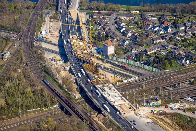 Aerial view, Kaiserberg motorway junction with A3 and A40 motorways, bridge construction and rainwater retention basin construction site, Duissern, Duisburg, Ruhr area, North Rhine-Westphalia, Germany