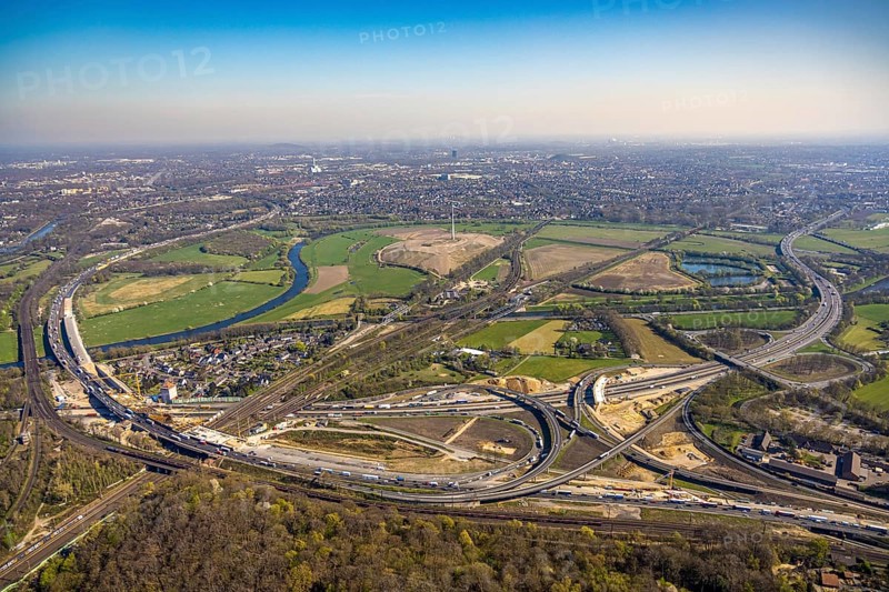 Aerial view, Kaiserberg motorway junction with A3 and A40 motorways, bridge construction and rainwater retention basin construction site, Duissern, Duisburg, Ruhr area, North Rhine-Westphalia, Germany