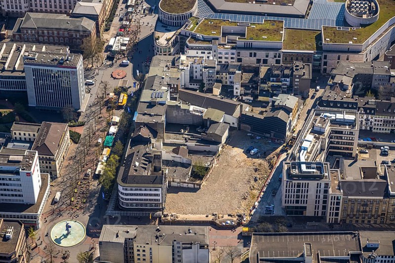 Aerial view, construction site Torhaus Süd in the business district Düsseldorfer Straße corner Königstraße, construction site of Zech Bau, pedestrian zone Königstraße, Dellviertel, Duisburg, Ruhr area, North Rhine-Westphalia, Germany
