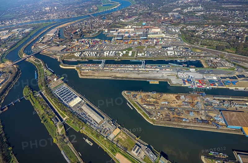 Aerial view, duisport Port of Duisburg, port area, oil island, coal island, container terminal and scrap island, raw material island, Pontwert Island, A59 motorway, Ruhrort, view of Duisburg, Ruhr area, North Rhine-Westphalia, Germany