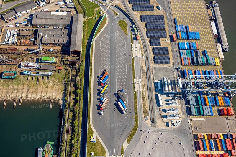Aerial view, duisport Port of Duisburg, port area, coal island container terminal, lorry park, Ruhrort, Duisburg, Ruhr area, North Rhine-Westphalia, Germany