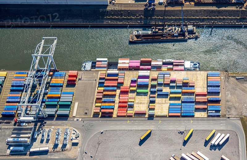 Aerial view, duisport harbour Duisburg, harbour area, coal island container terminal, container ship, Ruhrort, Duisburg, Ruhr area, North Rhine-Westphalia, Germany