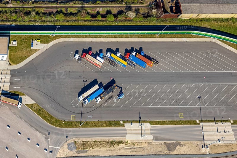Aerial view, duisport Port of Duisburg, port area, coal island container terminal, lorry park, Ruhrort, Duisburg, Ruhr area, North Rhine-Westphalia, Germany
