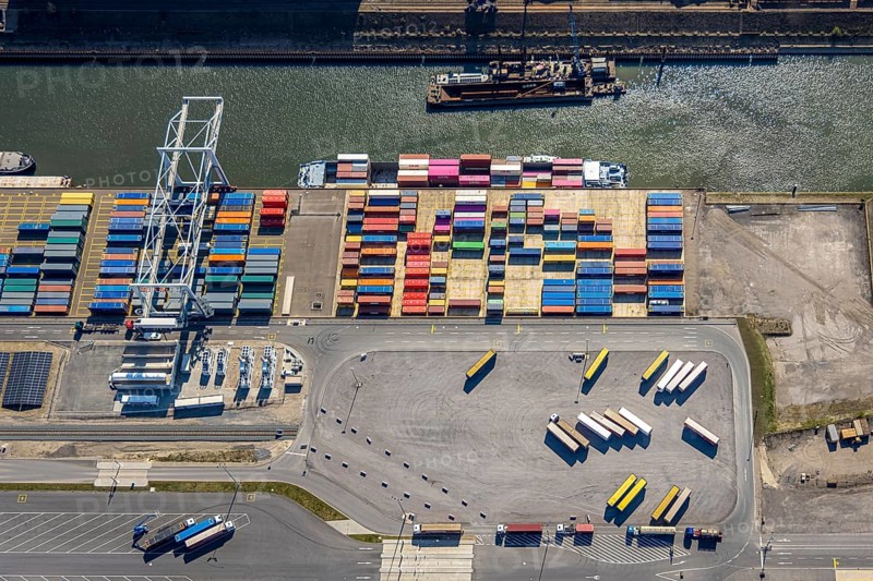 Aerial view, duisport harbour Duisburg, harbour area, coal island container terminal, container ship, Ruhrort, Duisburg, Ruhr area, North Rhine-Westphalia, Germany