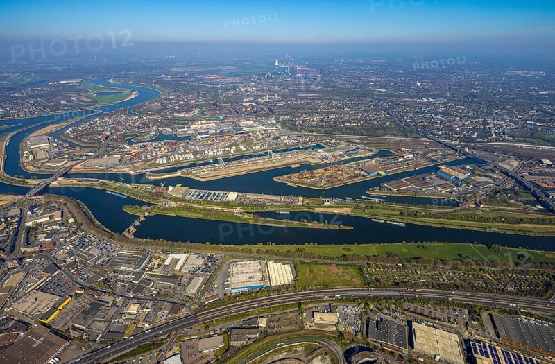 Aerial view, duisport Port of Duisburg, port area, oil island, coal island, container terminal and scrap island, raw material island, Pontwert Island, A59 motorway, Ruhrort, view of Duisburg, Ruhr area, North Rhine-Westphalia, Germany