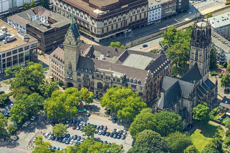 Aerial view, Duisburg city hall with town hall tower, Salvator church with church square, Old Town, Duisburg, Ruhr area, North Rhine-Westphalia, Germany